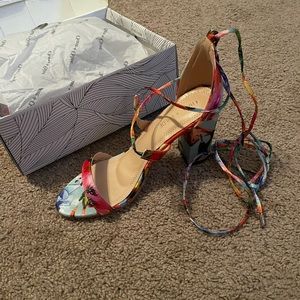 Lace up Floral Print Heels